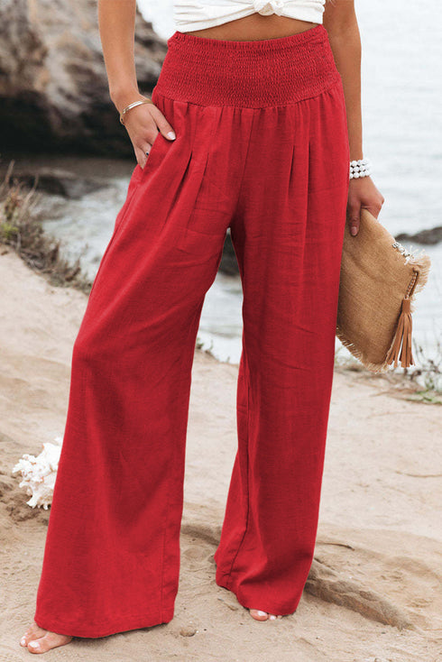Smocked Wide Waistband High Waist Wide Leg Pants